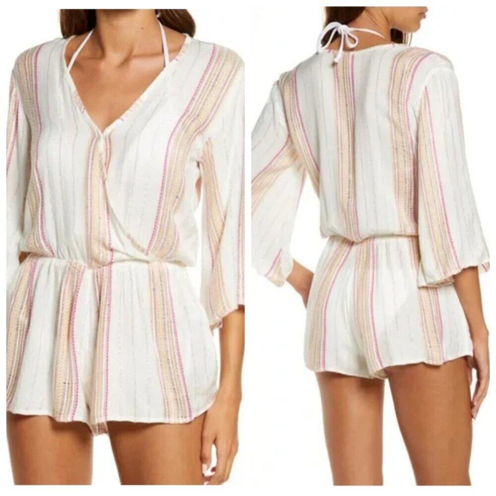 ELAN Textured Metallic Stripe Cover-Up Romper - Picture 1 of 9